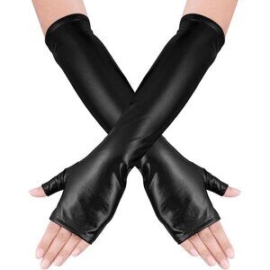 Women's Long Metallic Shiny Fingerless Gloves Black Party Halloween Costume